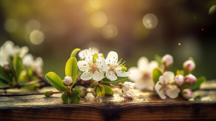 Immerse yourself in the beauty of ai-generated springtime with this stunning photograph of blossoms on a wooden table in a lush green garden. 