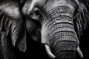 Close up black and white elephant portrait, solitary elephant portrait. Generative AI