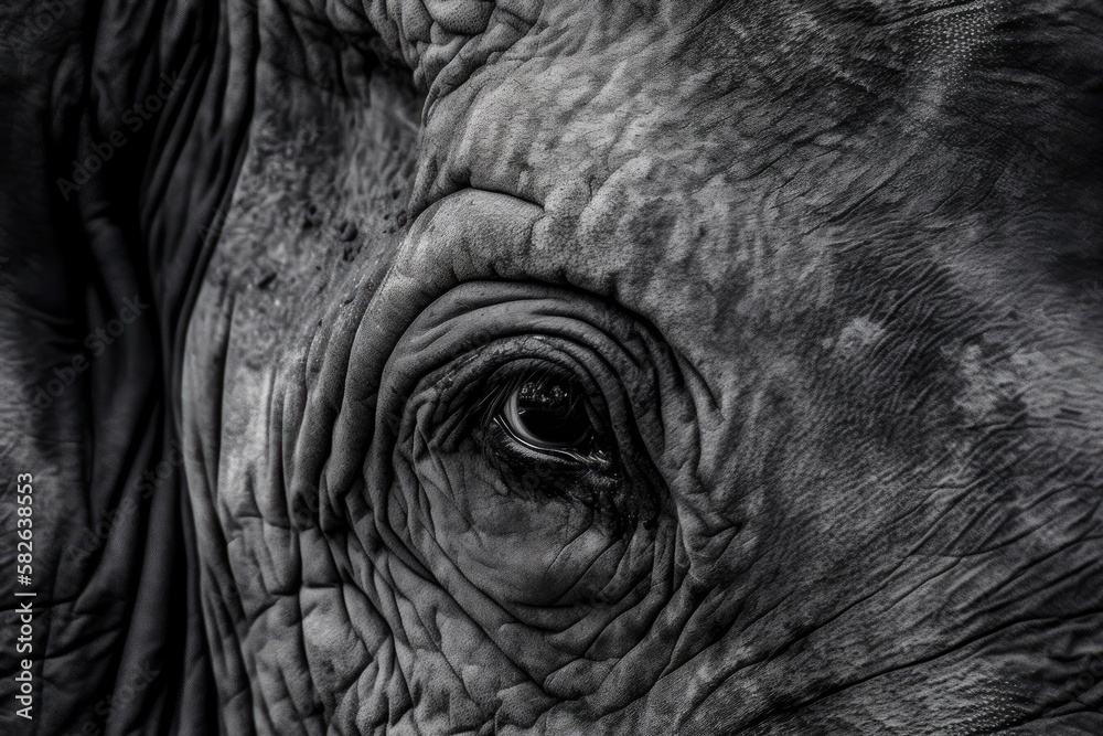 Canvas Prints A close up of an elephant's eye and its head, ear, neck, and trunk, all of which have natural wrinkles, convey the concepts of loneliness, exhaustion, and hopelessness. Generative AI