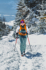 Mountaineer backcountry ski walking ski alpinist in the mountains. Ski touring in alpine landscape with snowy trees. Adventure winter sport. Kralova hola, Slovakia © Zedspider