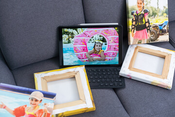 Canvas print. photo with gallery wrap method of canvas stretching on stretcher bar. Sample of stretched color photograph printed on canvas, lateral side, closeup.