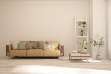 White living room with sofa. Scandinavian interior design. 3D illustration