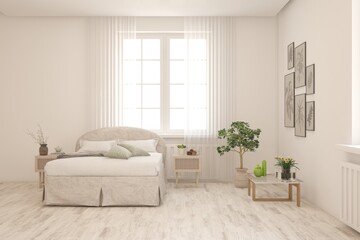 Fototapeta na wymiar White lbedroom concept. Scandinavian interior design. 3D illustration