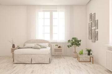 Fototapeta premium White lbedroom concept. Scandinavian interior design. 3D illustration