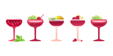 Refreshing margarita cocktail set. Alcohol drink for holidays and events. Vector gradient flat illustration with texture. Pink drinks for the bar with berries and mint