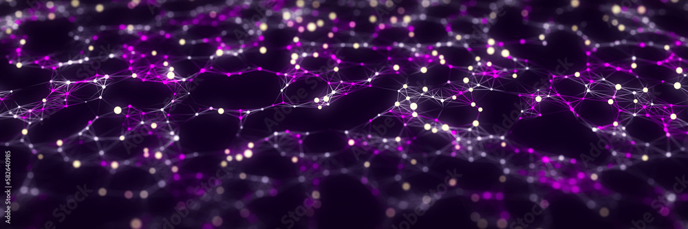 Poster Futuristic perspective grid in digital cyberspace. Flow of binary code. Network connection structure. 3D rendering.