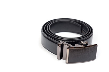 Men's black leather trouser belt with metal clasp.