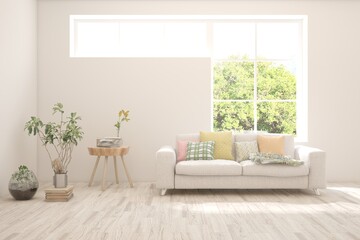 White living room with sofa and summer landscape in window. Scandinavian interior design. 3D illustration