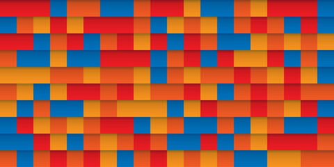 Abstract Colorful Pixelated Surface Pattern with Random Colored Orange, Red, Blue Squares - Wide Scale Geometric Mosaic Texture - Generative Art, Vector Background Design