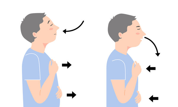 Two Boy Standing And Do Breathing Exercise For Stress Relief, Flat Vector Illustration.