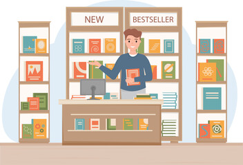 Salesman, shop assistant in bookstore. Seller at the counter of book shop. Bookcases with new books. Iinterior of bookstore. Vector illustration.
