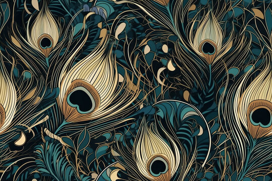 seamless background with peacock feathers pattern. Generative AI illustration