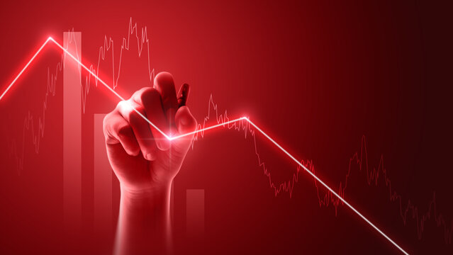 Hand loss business graph crisis chart diagram financial economy on down arrow investment market background of digital technology inflation strategy economic stock or finance money recession trade.