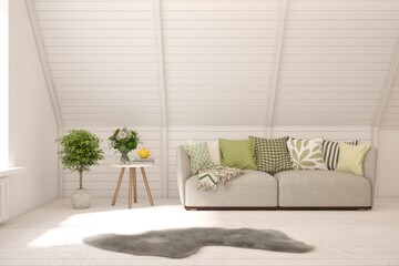 White living room with sofa. Scandinavian interior design. 3D illustration