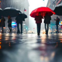 Abstract silhouettes of the people walking on a rain under umbrellas, street scene, back view, blurred background. Concept of seasons, weather, city lifestyle