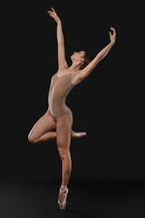 Young ballerina in pointe shoes dancing on black background