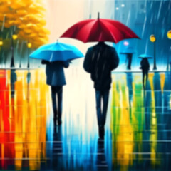 Abstract silhouettes of the people walking on a rain under umbrellas, street scene, back view, blurred background. Concept of seasons, weather, city lifestyle