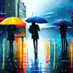 Abstract silhouettes of the people walking on a rain under umbrellas, street scene, back view, blurred background. Concept of seasons, weather, city lifestyle