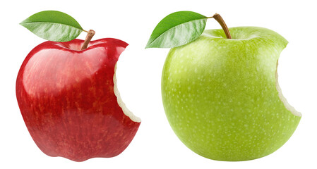 Bitten red and green apples, cut out