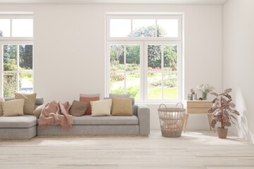 White living room with sofa and summer landscape in window. Scandinavian interior design. 3D illustration
