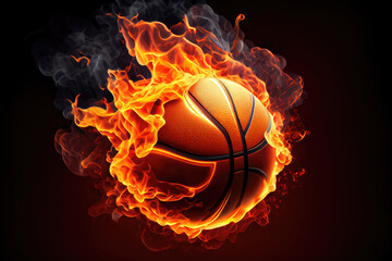 Burning basketball with heat flame on the black background, fire ball. Generative AI