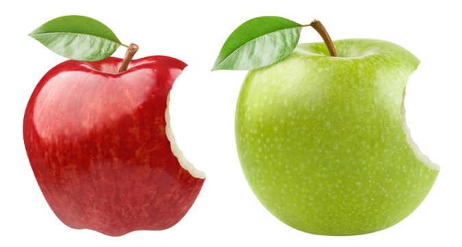 Bitten red and green apples, cut out
