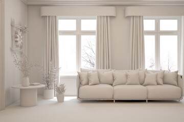 Grey interior desigh concept with furniture. 3D illustration
