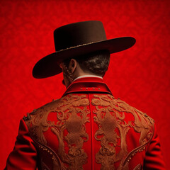 Back view of a bullfighter on a red background. Generative AI.