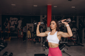Athletic woman doing exercise for arms. Fitness model working out with dumbbells.