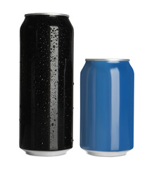 Aluminum cans with drinks on white background