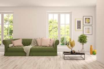 White living room with sofa and summer landscape in window. Scandinavian interior design. 3D illustration