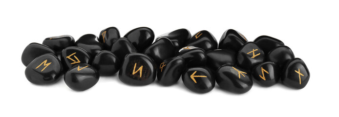 Pile of black rune stones isolated on white