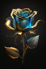 Golden rose with blue ilumination floral art poster art, on black background. Generative AI