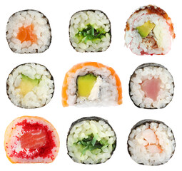 Set of delicious different sushi rolls on white background