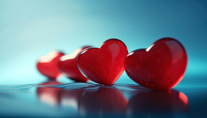 Red hearts resting on the ground, on a blue blurred background