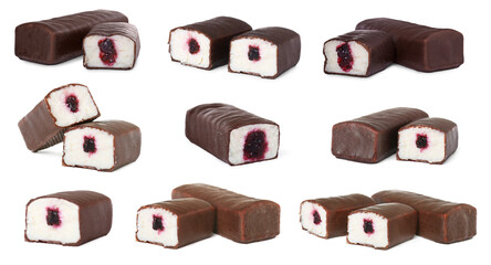 Collage of glazed curd cheese bars with berry jam filling on white background