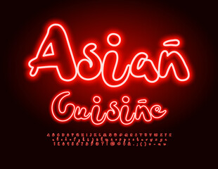 Vector neon poster Asian Cuisine.  Glowing handwritten Font. Bright Electric Alphabet Letters and Numbers set