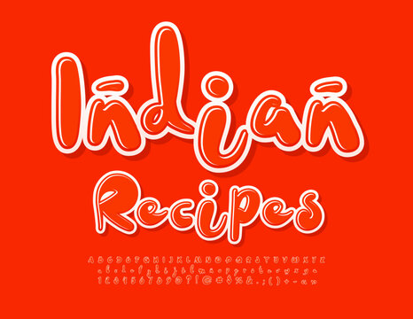 Vector artistic emblem Indian Recipes with Red handwritten Font. Creative Alphabet Letters, Numbers and Symbols set
