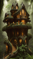 Fototapeta premium Illustration of a Sci-fi Art Nouveau style vertical village in a tropical rainforest (AI Generated)