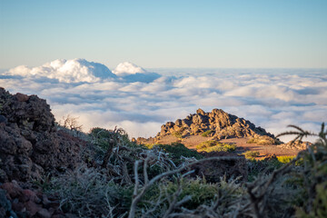 View of the cliffs and inversion clouds on Roque de los Muchachos mountain. Canary Islands, Spain