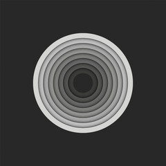 Letter O logo or circles shape, gray parallel stripes multilevel cascade circular geometric pattern, 3d paper cut material design element.