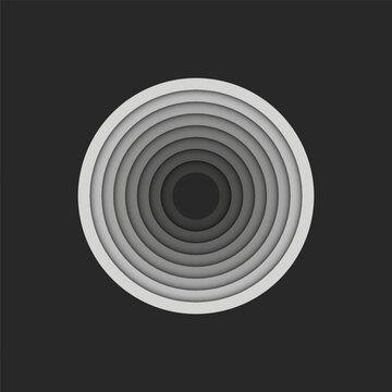 Letter O logo or circles shape, gray parallel stripes multilevel cascade circular geometric pattern, 3d paper cut material design element.