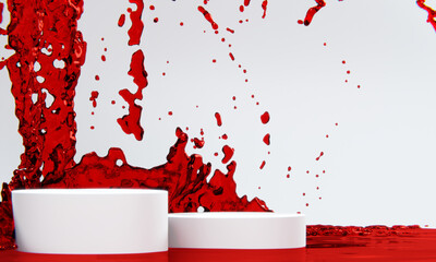 the product display stand and red water splashing on background.