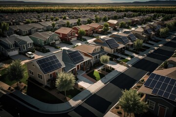 Obraz premium Suburban neighborhood with several house having solar panels on the roof, renewable energy source - Generative AI