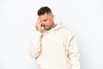 Young caucasian handsome man isolated on white background with headache