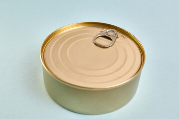 Canned fish in a metal jar on a blue background. The concept of long-term storage of food products.