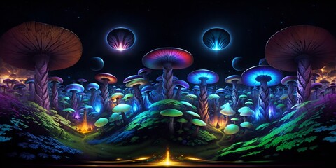 Photo of a painting depicting a magical forest with mushrooms under a starry night sky