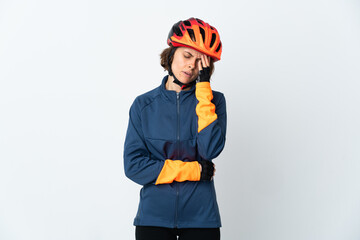 Young English cyclist woman isolated on white background with headache