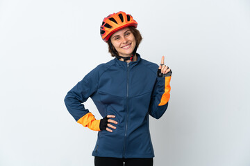 Young English cyclist woman isolated on white background showing and lifting a finger in sign of the best