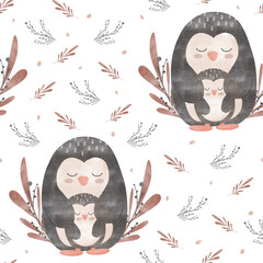 seamless pattern of penguins, mother and baby pattern with branches and dots on a white background